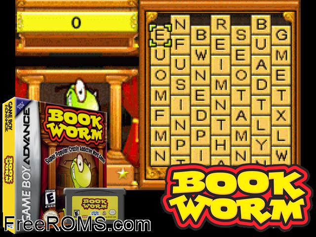 Bookworm Gameboy Advance game showing 3D box cover and gameplay screenshot